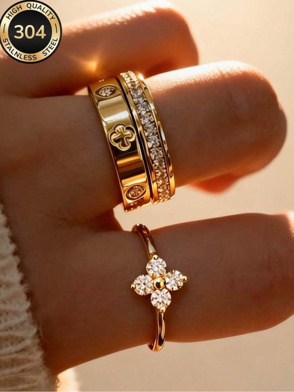 3 Piece Stainless Steel Stackable Women's Ring Set with Crystal Accents size 7